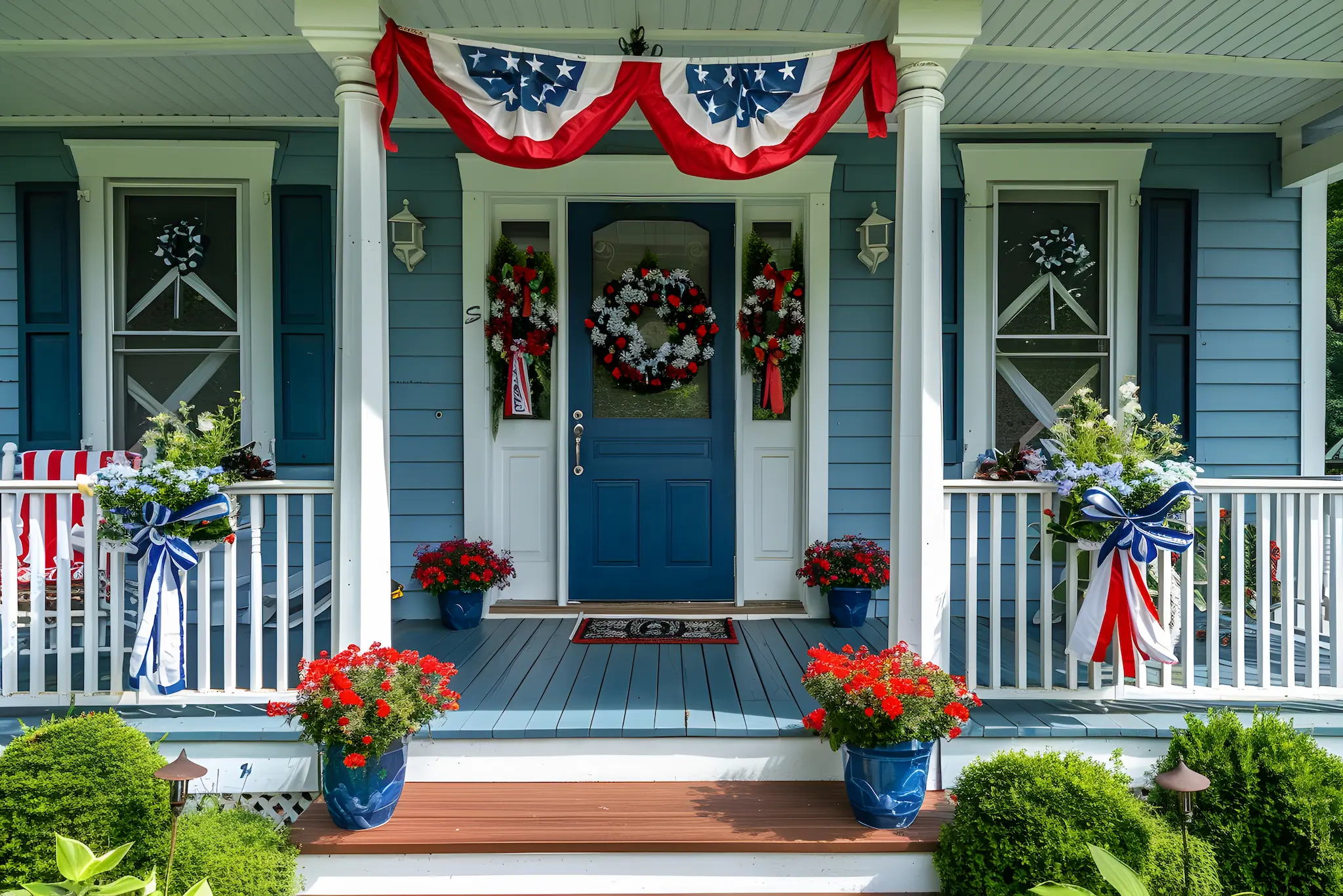 Blue house porch decorated for a patriotic holiday with flags and wreaths