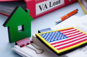 VA construction loan concept showing custom home build plans, U.S. flag, and financing documents for Veterans